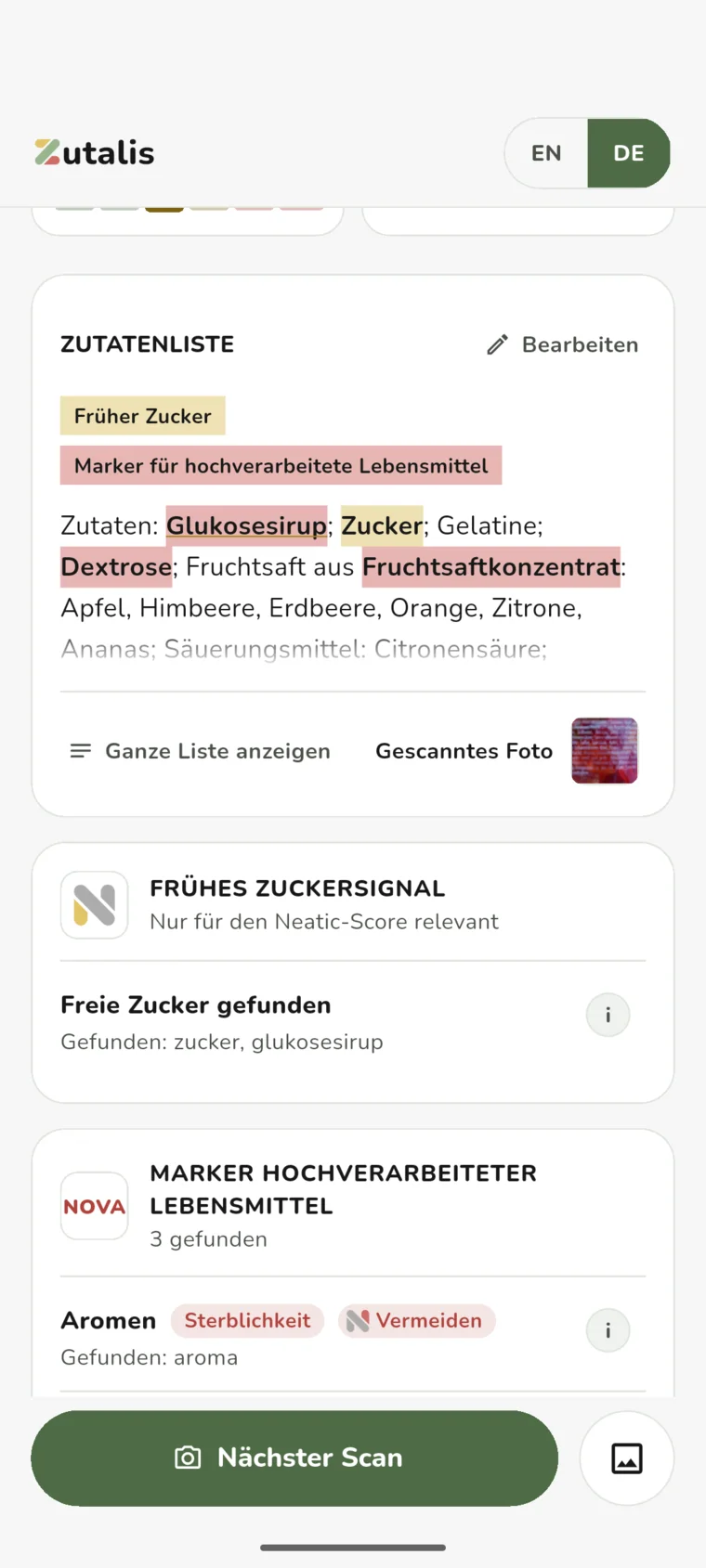 Die Zutatenliste mit Glukosesirup, Zucker, Dextrose und Fruchtsaftkonzentrat markiert