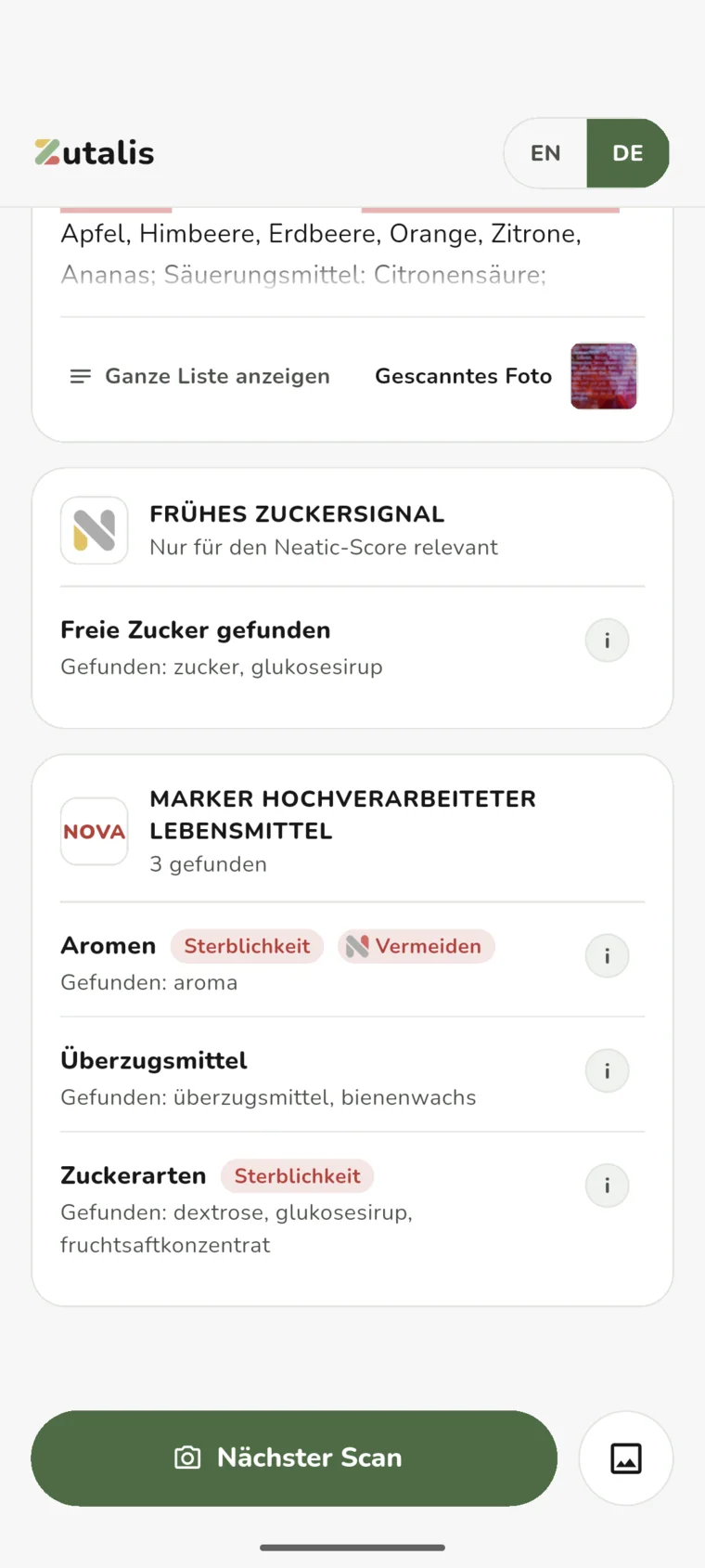 Drei gefundene Marker: Aromen, Überzugsmittel und Zuckerarten