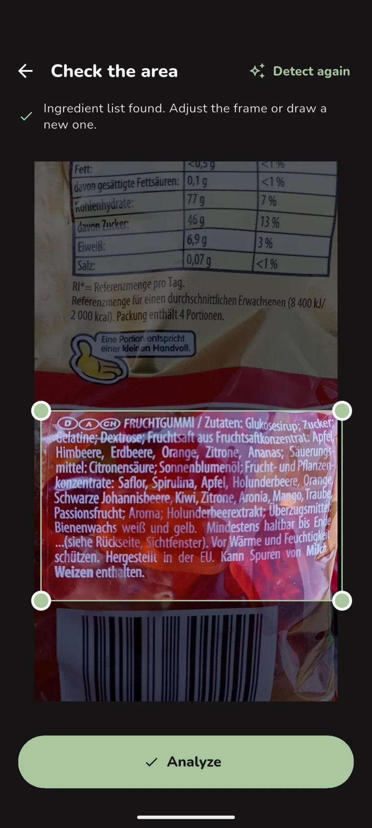 Zutalis framing the ingredient list on a photo of a fruit gum pack