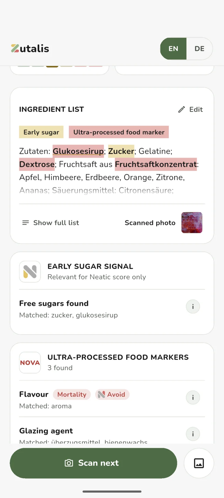 The ingredient list with glucose syrup, sugar, dextrose and fruit juice concentrate highlighted