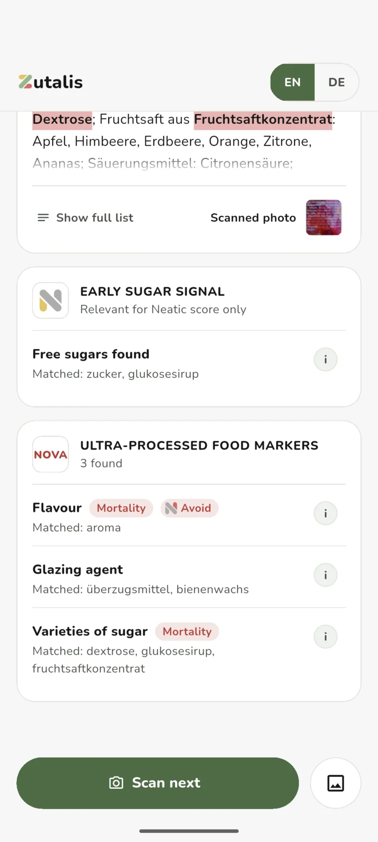 Three markers found: flavour, glazing agent and varieties of sugar